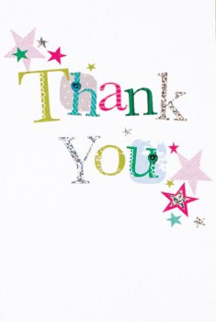 The elegant yet playful arrangement of letters on this thank you card brings together the creative essence of Hoxton. Each character seems to burst with its own life: some adorned with delicate stitched lines, others speckled with polka dots or luminous silver. The palette is bold and contemporary-think jewel-toned greens, fuchsias, and tranquil blues-arranged against a pure, bright background that feels both modern and inviting, like the luminous spaces on Geffrye Street. Star motifs, each crafted in shades of magenta, teal, and sparkling silver, scatter near the message, infusing the space with extra cheer reminiscent of string lights at a summer gathering near Hoxton Square. The design feels sophisticated without losing a sense of warmth or whimsy-a balance familiar to those who appreciate artisan bouquets from Flowers Hoxton. Every element of the card-its airy layout, vibrant shimmer, and thoughtful detail-conspires to lift the spirit in the same way a thoughtful floral arrangement does. Whether tucked alongside seasonal blooms for a neighbour or sent to a friend farther across Shoreditch, this card ensures that appreciation is conveyed both elegantly and memorably, a fitting symbol of gratitude in our East End community.